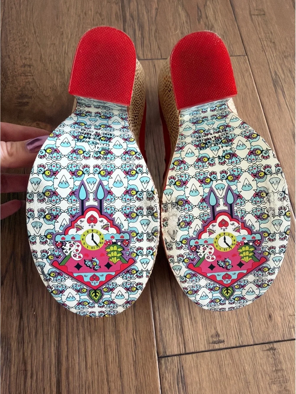 Irregular Choice Red Suede Wedge Heels with Grape and Strawberry Accent